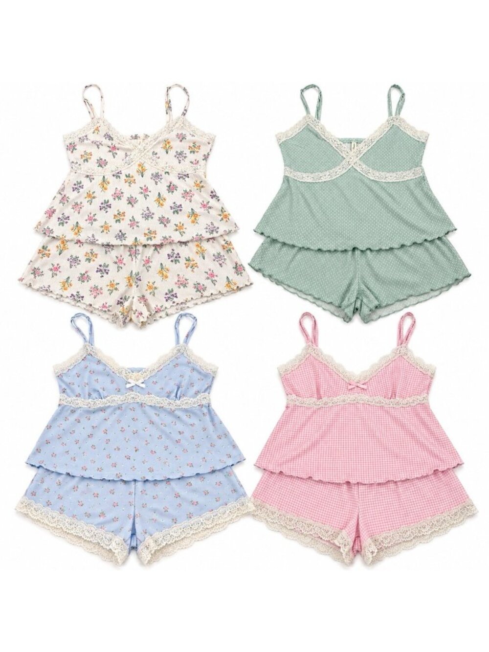 LAURA ASHLEY pajama sets lot 4 large cami shorts floral gingham lace cottagecore